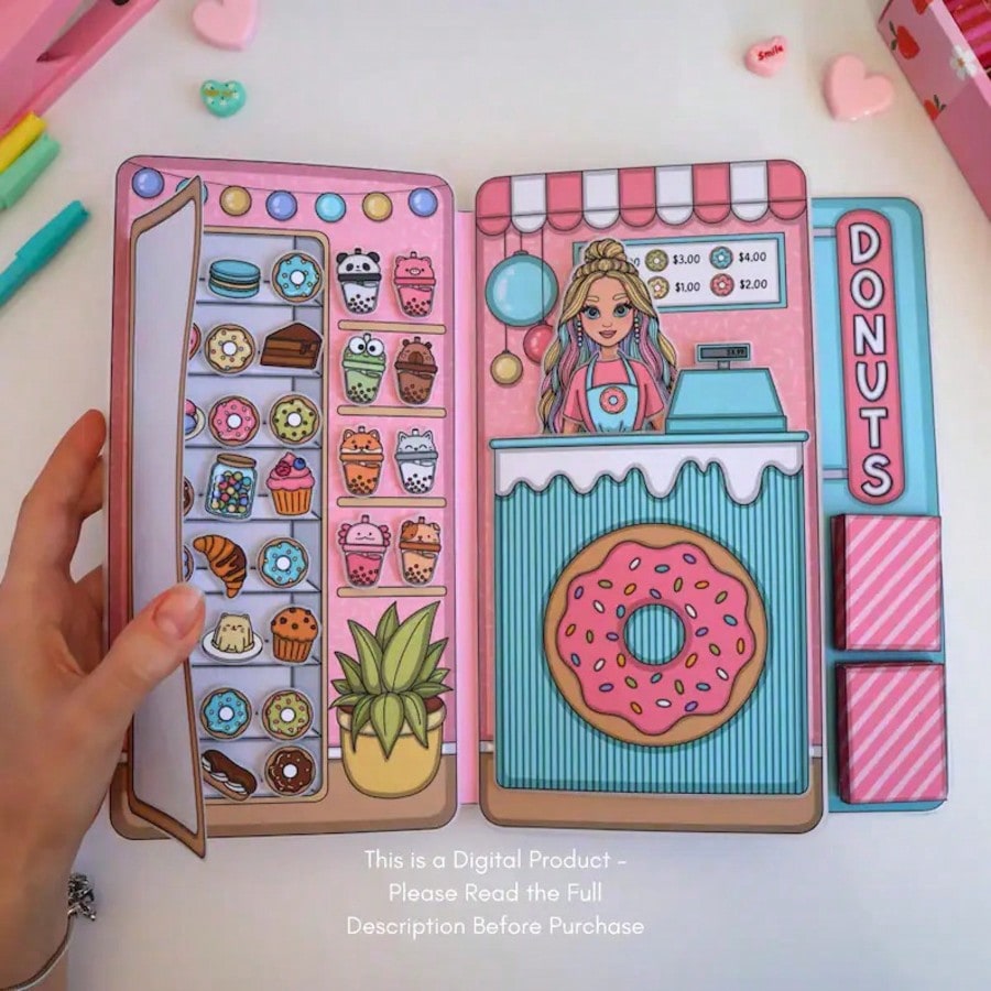 Kids Toys Shop - مجموعة لعب تظاهريية لمحل الدونات، كتاب